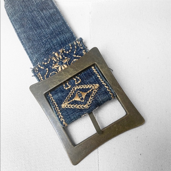Vintage Retro Gold Embroidered Denim Blue Boho Fashion Belt - Picture 3 of 6